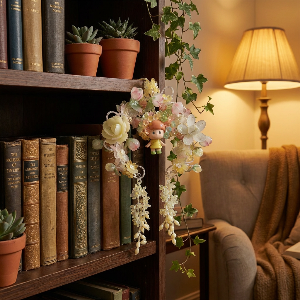 Floral charm pendant decorating cozy bookshelf reading corner