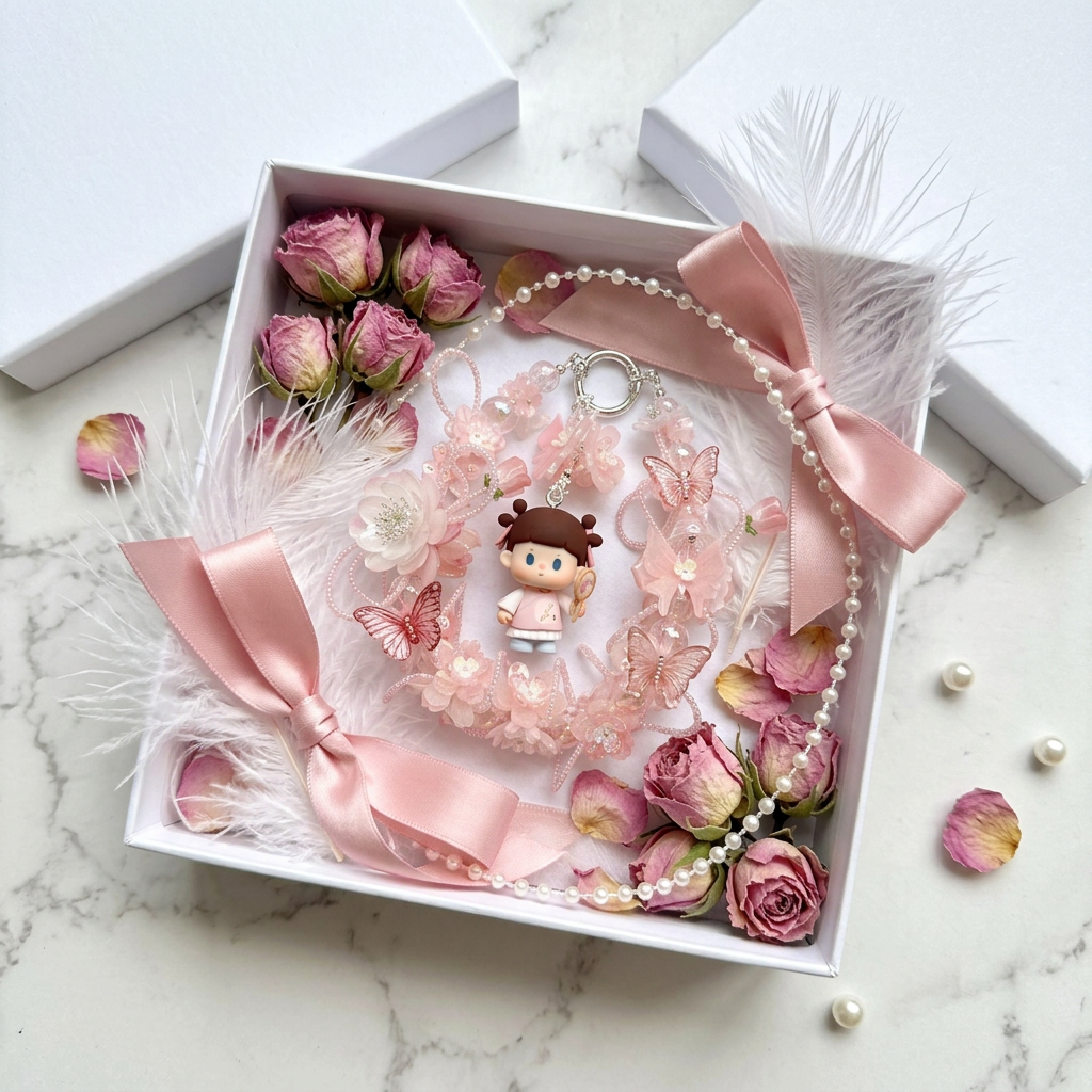Handmade Soft Pink Floral Wreath Charm | Butterfly Hanfu Doll Car Mirror Bag Pendant | Silver Clasp Cottagecore Gift