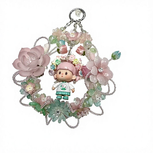 Handmade Pink Floral Wreath Charm | Kawaii Car Mirror Bag Pendant | Cottagecore Room Decor Gift