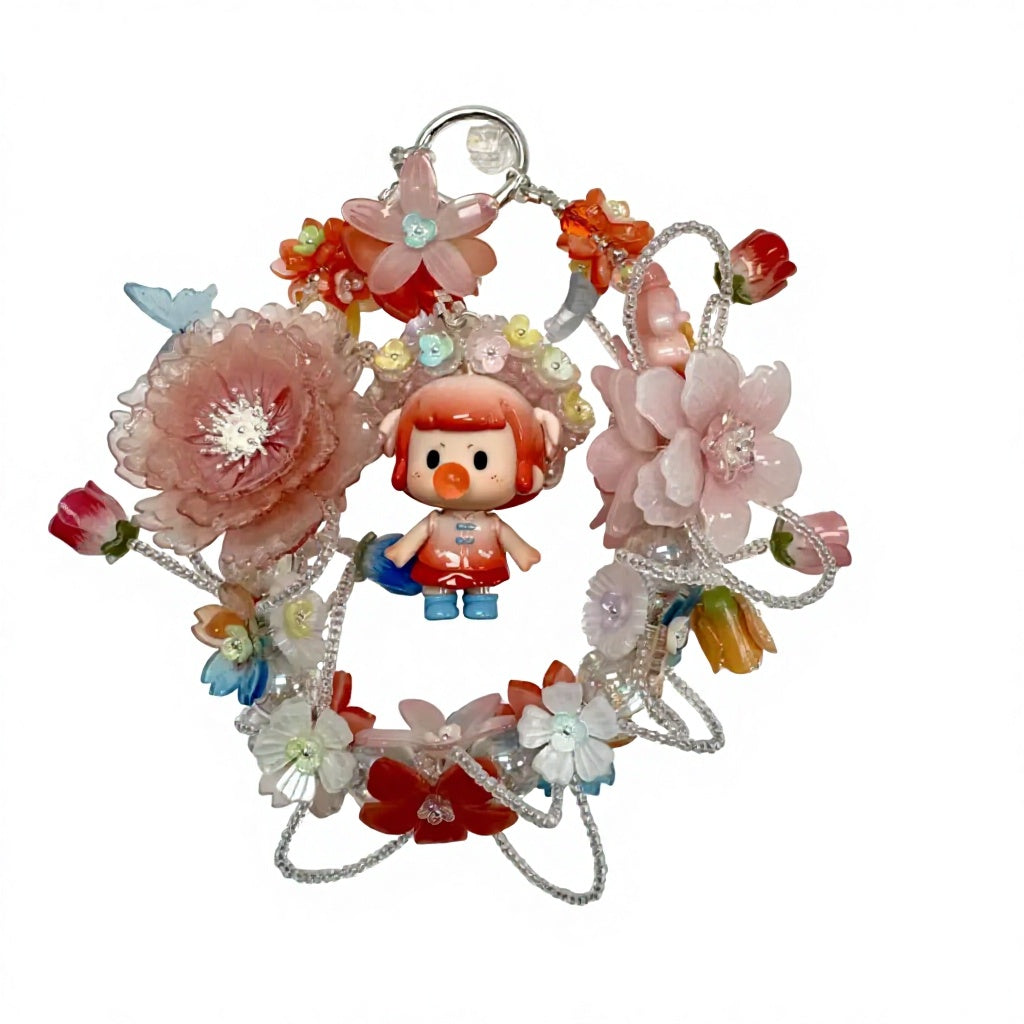 Handmade Red Pink Floral Wreath Charm | Kawaii Doll Car Mirror Pendant | Colorful Room Decor Gift