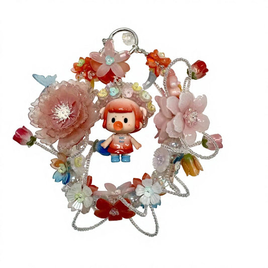 Handmade Red Pink Floral Wreath Charm | Kawaii Doll Car Mirror Pendant | Colorful Room Decor Gift