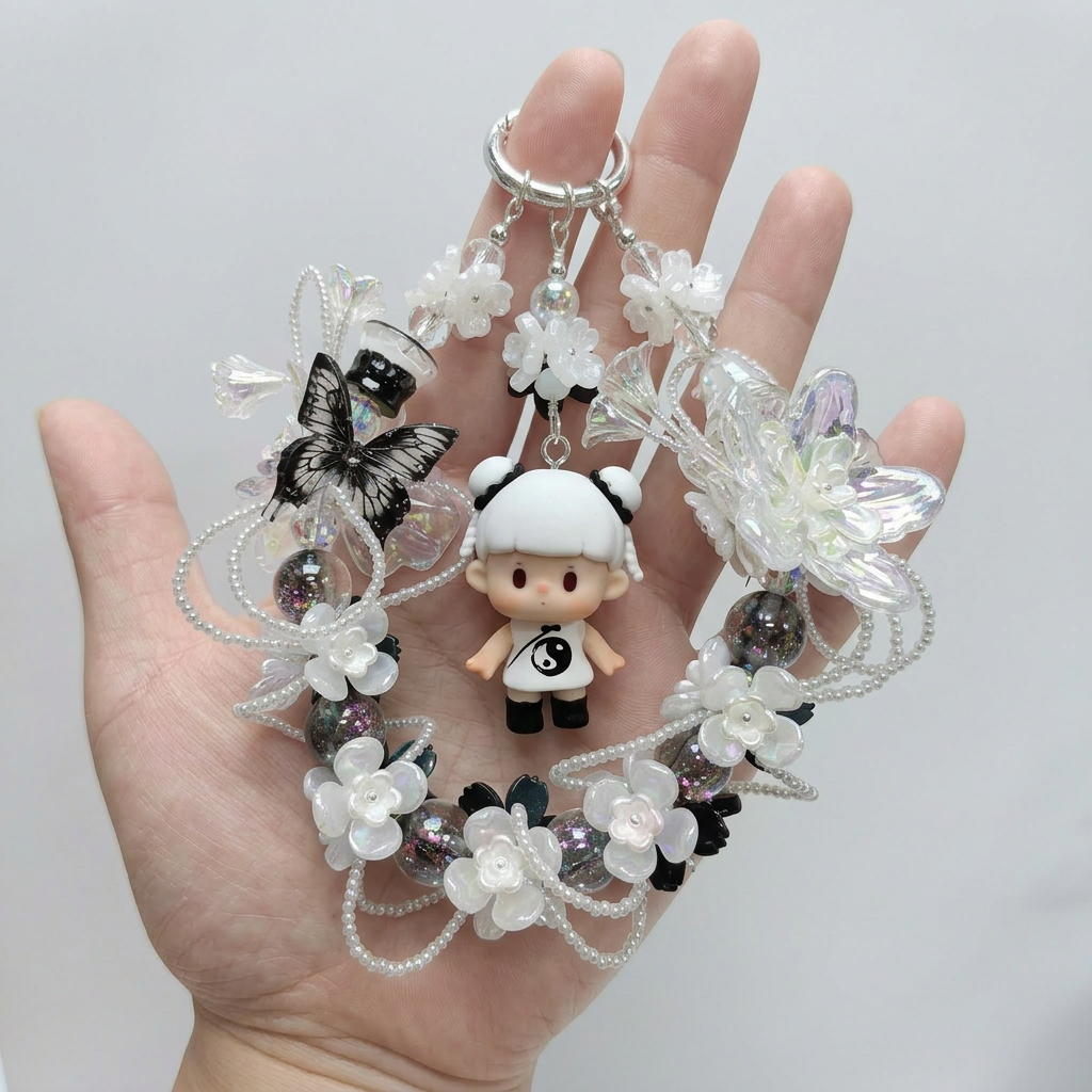 Handmade Black White Floral Wreath Charm | Panda Doll Car Mirror Bag Pendant | Gothic Kawaii Gift