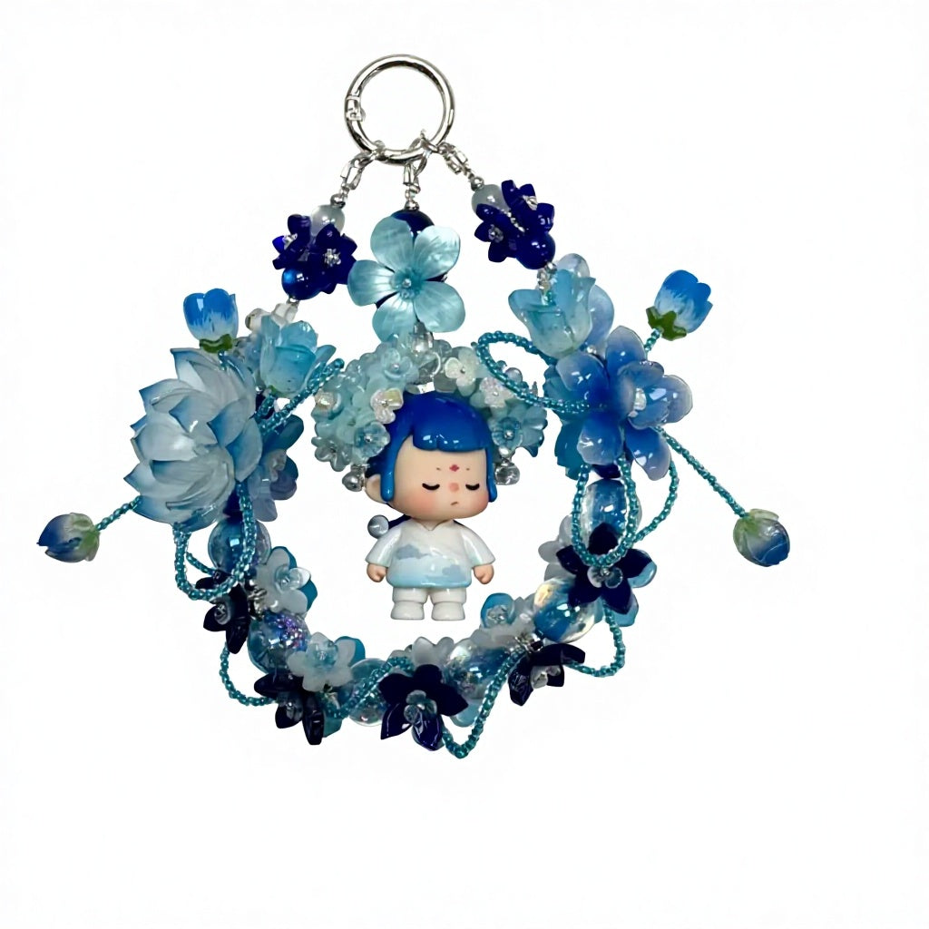 Handmade Blue Floral Wreath Charm | Kawaii Boy Doll Car Mirror Pendant | Ocean Room Decor Gift