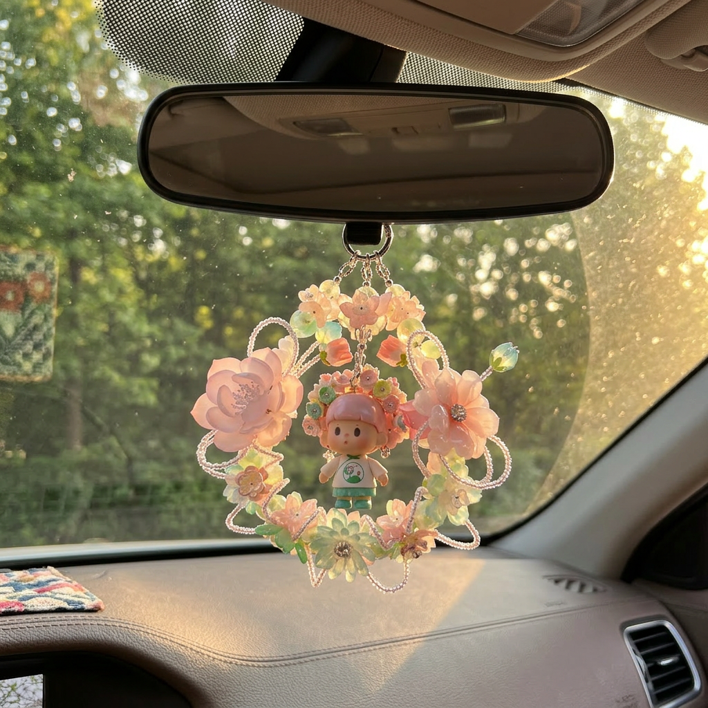 Handmade Pink Floral Wreath Charm | Kawaii Car Mirror Bag Pendant | Cottagecore Room Decor Gift