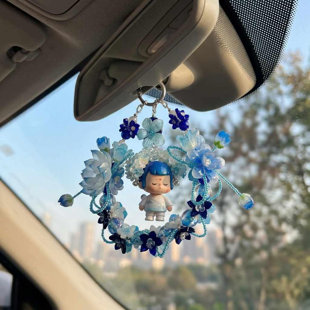 Handmade Blue Floral Wreath Charm | Kawaii Boy Doll Car Mirror Pendant | Ocean Room Decor Gift