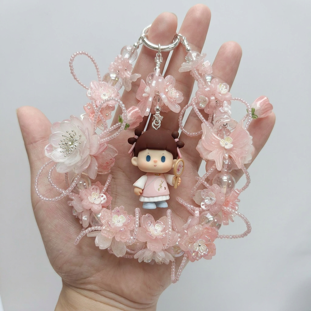Handmade Soft Pink Floral Wreath Charm | Butterfly Hanfu Doll Car Mirror Bag Pendant | Silver Clasp Cottagecore Gift