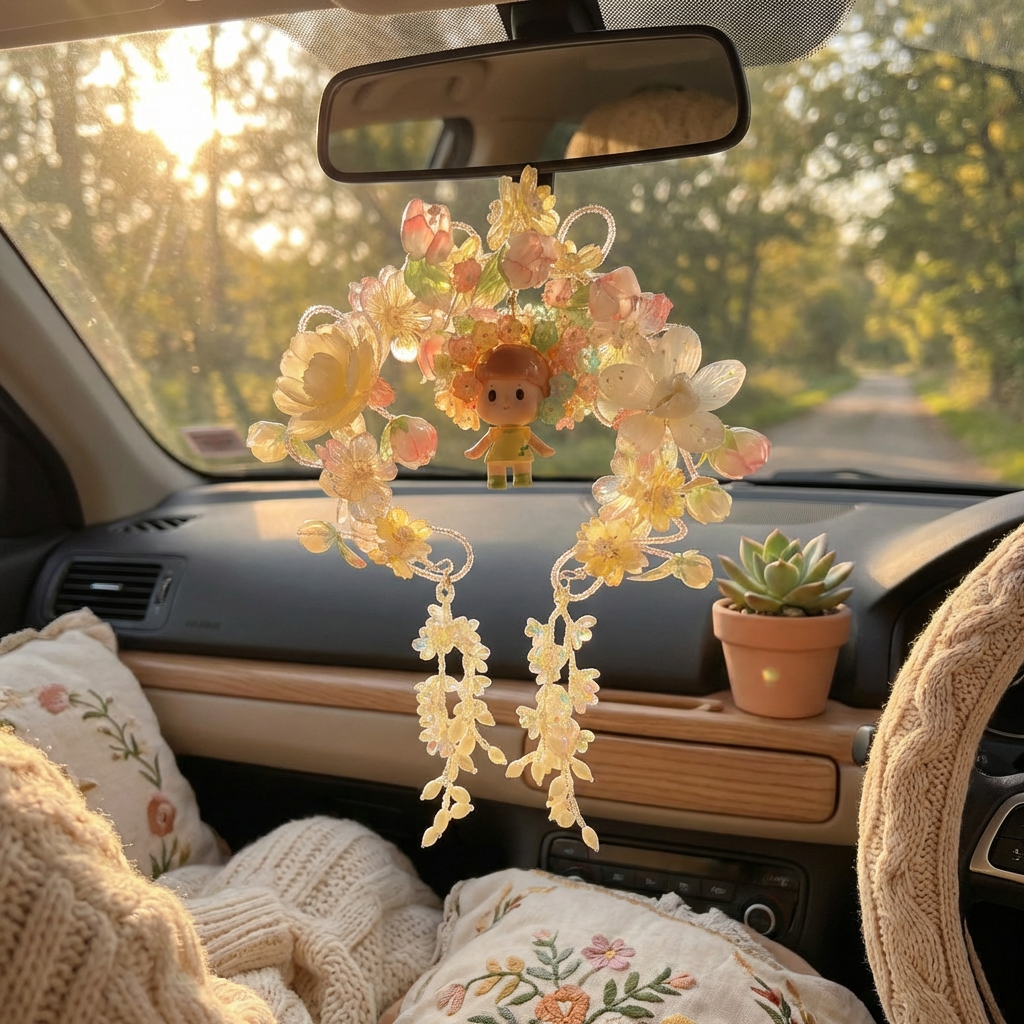 Cute floral charm hanging from car rearview mirror kawaii car ornament