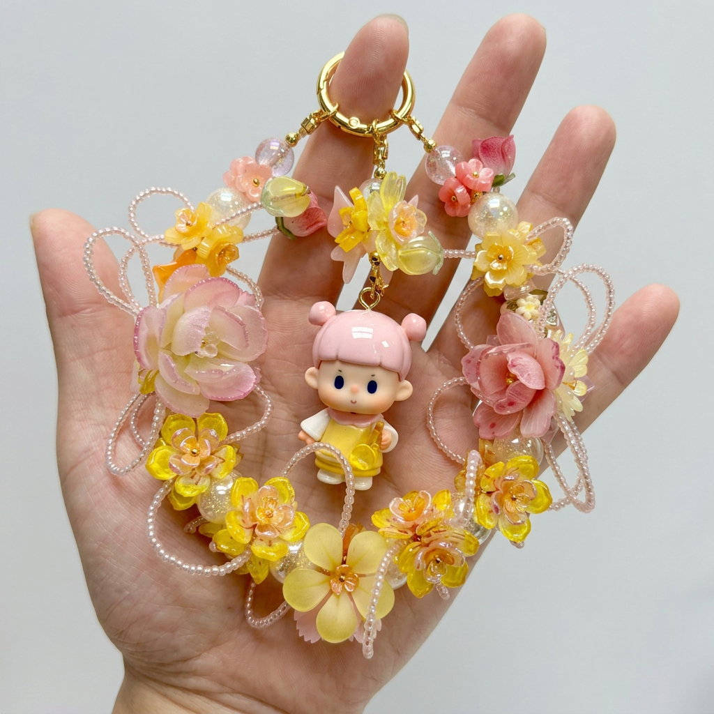 Handmade Yellow Orange Floral Wreath Charm | Kawaii Doll Car Mirror Bag Pendant | Sunny Flower Cottagecore Gift