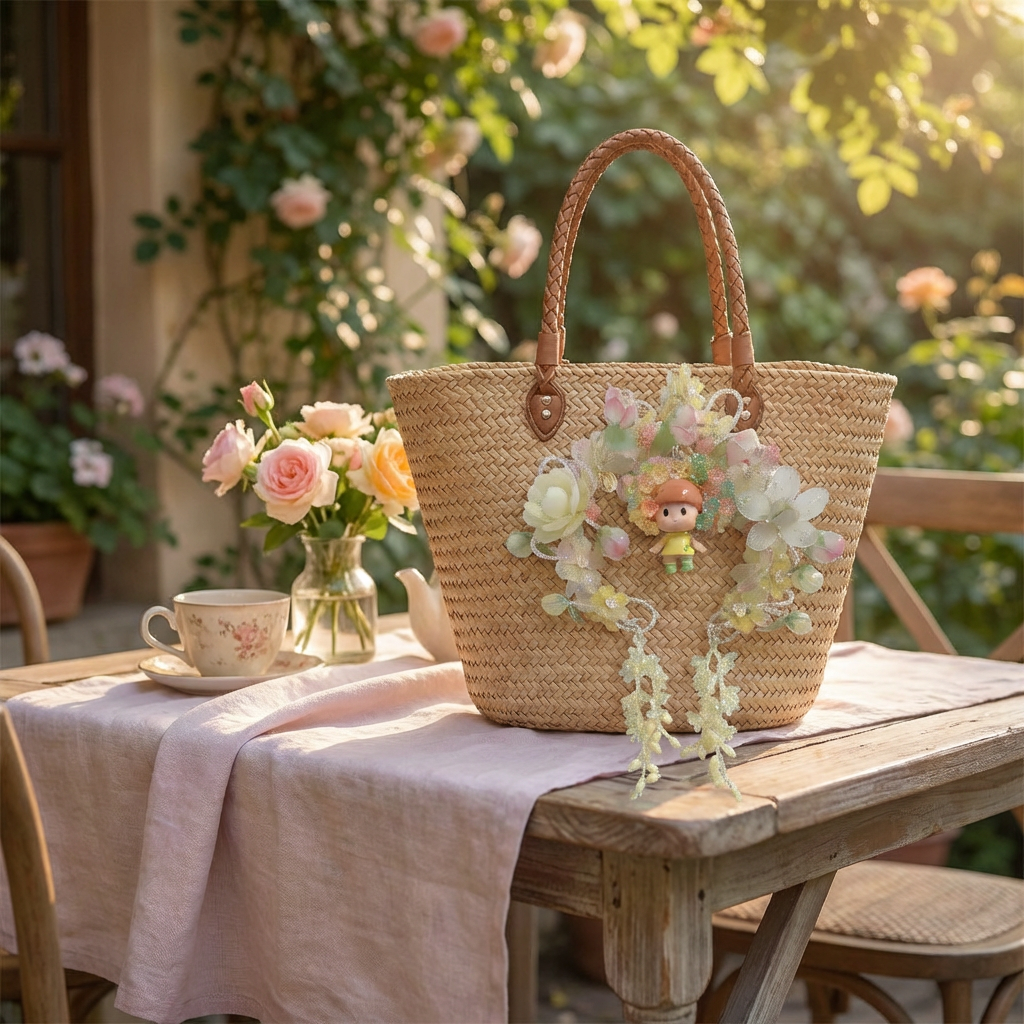 Floral charm pendant attached to beige tote bag in garden cafe