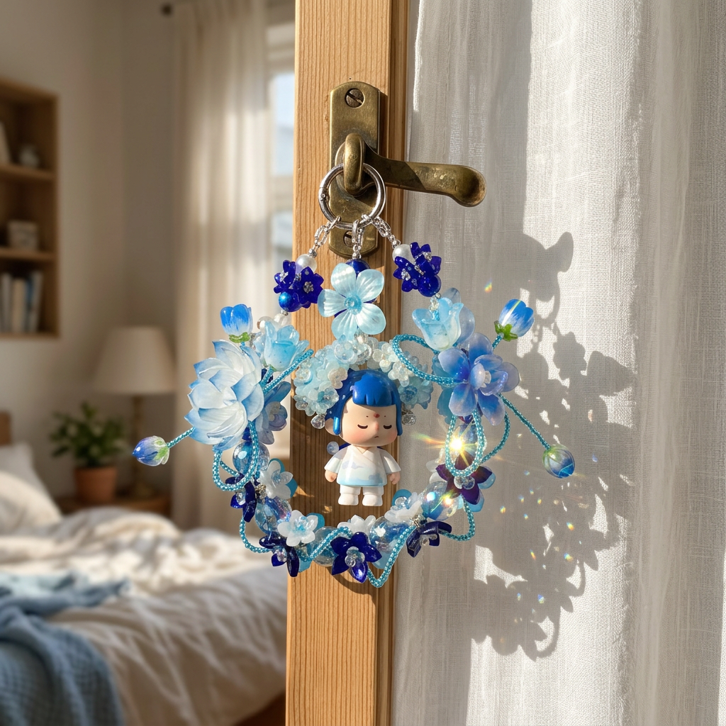 Handmade Blue Floral Wreath Charm | Kawaii Boy Doll Car Mirror Pendant | Ocean Room Decor Gift