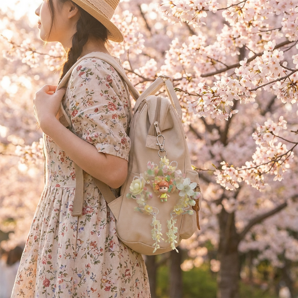 Pastel flower charm hanging from cherry blossom backpack in park