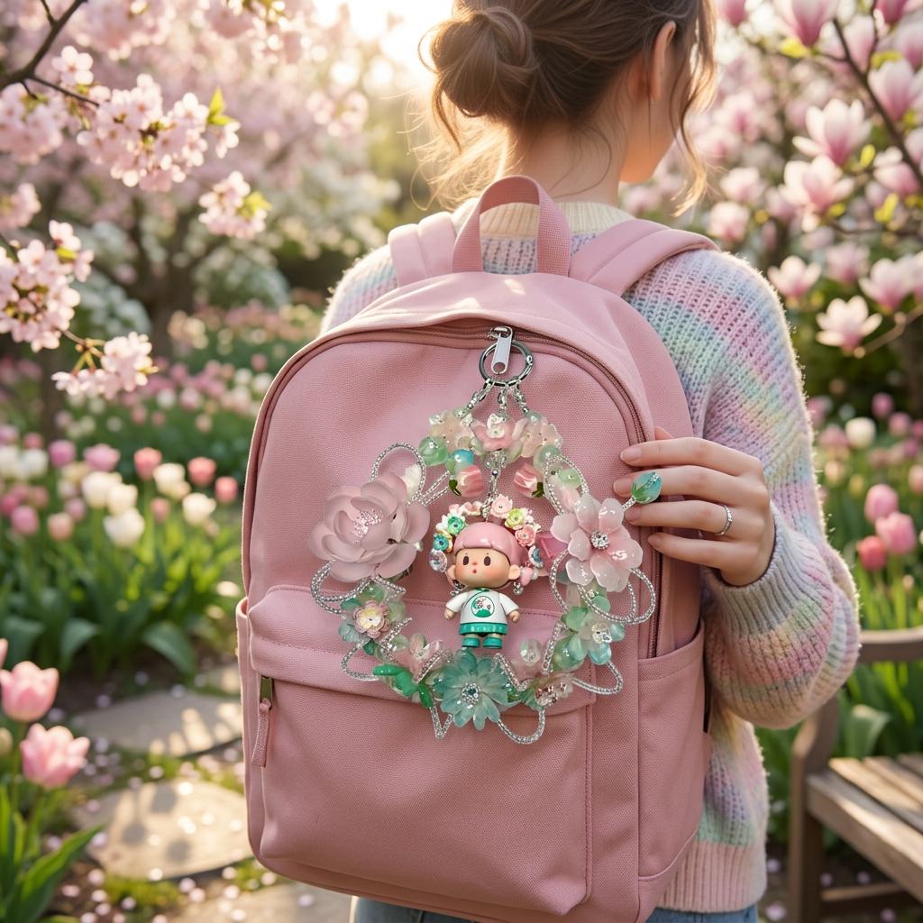 Handmade Pink Floral Wreath Charm | Kawaii Car Mirror Bag Pendant | Cottagecore Room Decor Gift