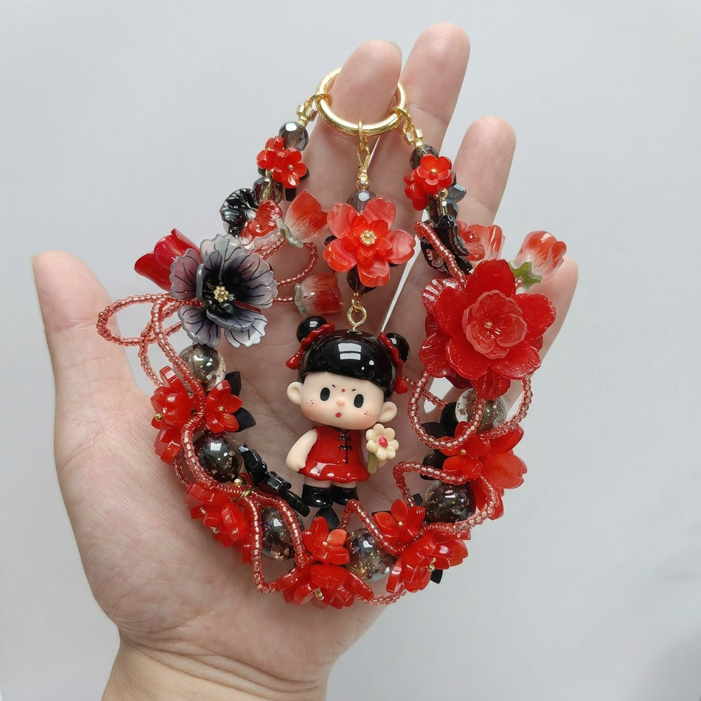 Handmade Red Black Chinese Style Charm | Kawaii Doll Car Mirror Pendant | Traditional Floral Wreath Bag Accessory