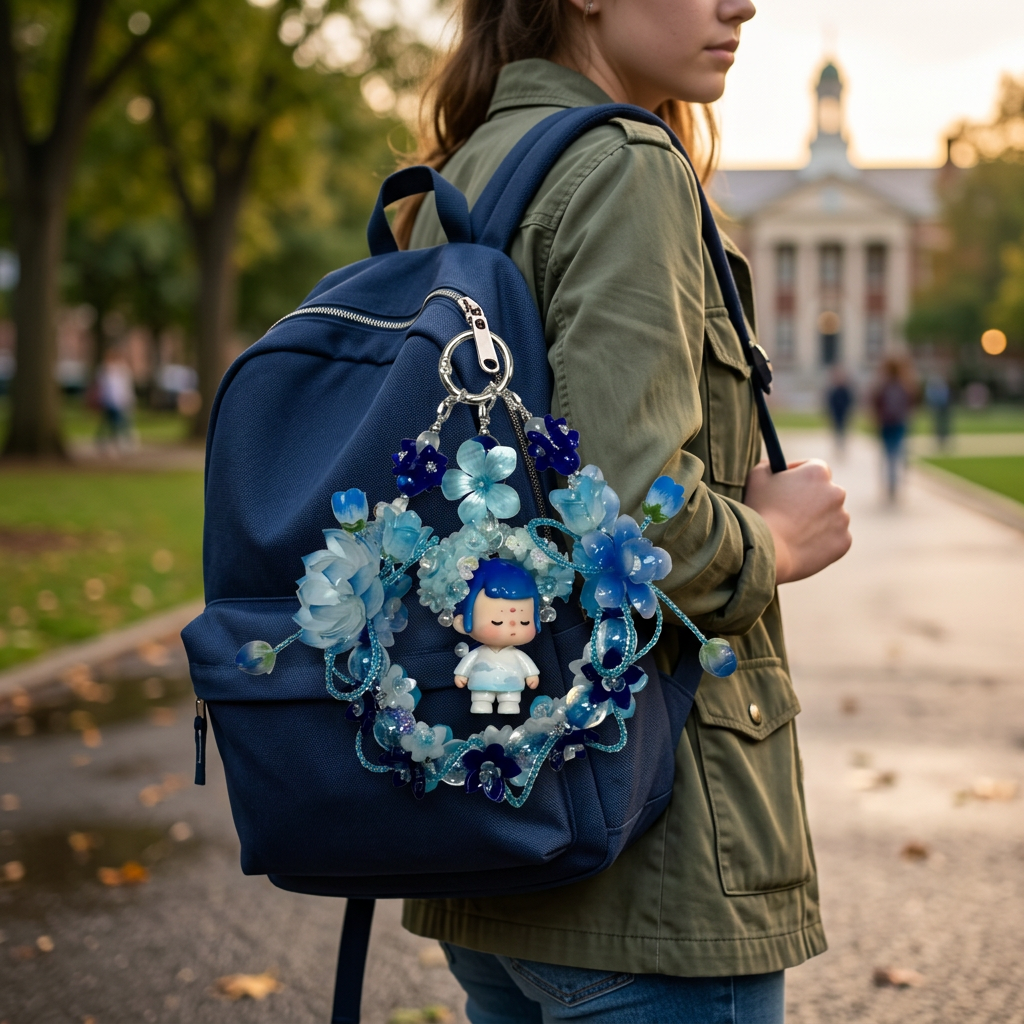 Handmade Blue Floral Wreath Charm | Kawaii Boy Doll Car Mirror Pendant | Ocean Room Decor Gift