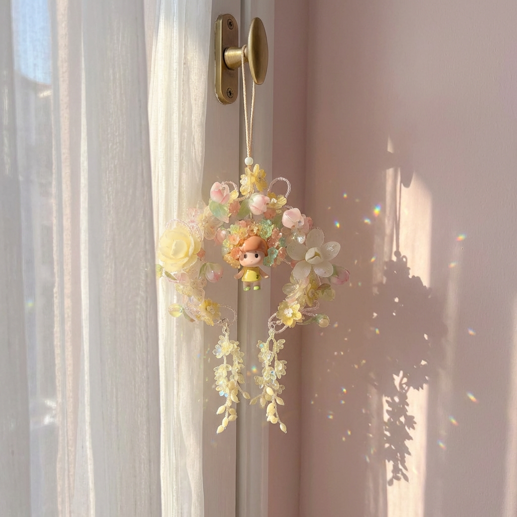 Floral charm decoration hanging on window with soft natural light