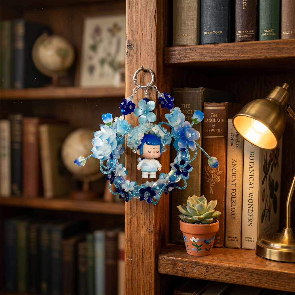 Handmade Blue Floral Wreath Charm | Kawaii Boy Doll Car Mirror Pendant | Ocean Room Decor Gift