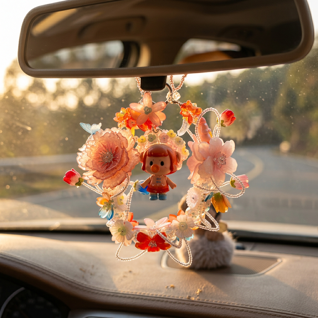 Handmade Red Pink Floral Wreath Charm | Kawaii Doll Car Mirror Pendant | Colorful Room Decor Gift