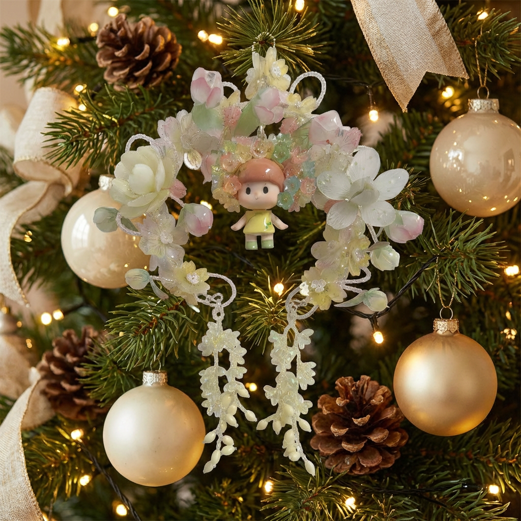 Kawaii floral charm as Christmas tree ornament with warm lights