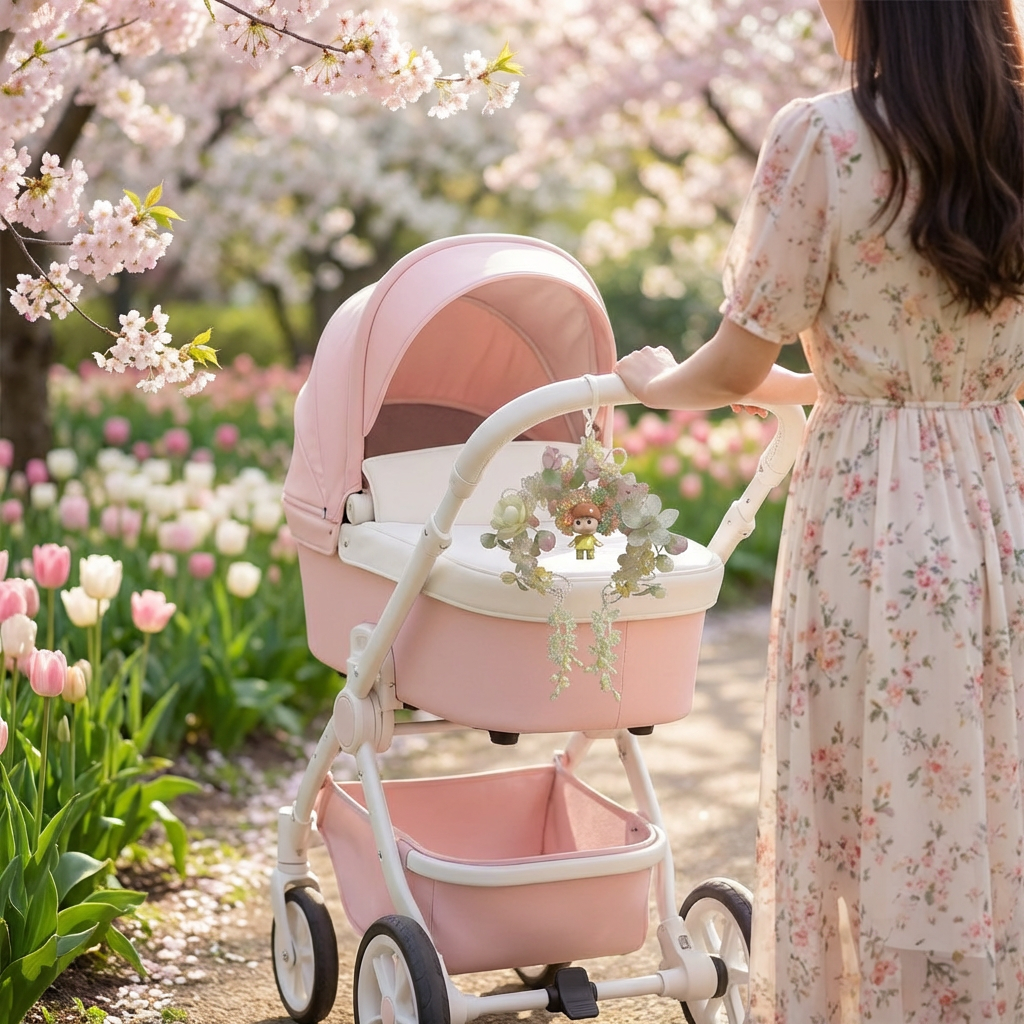 Cute floral charm hanging from white baby stroller