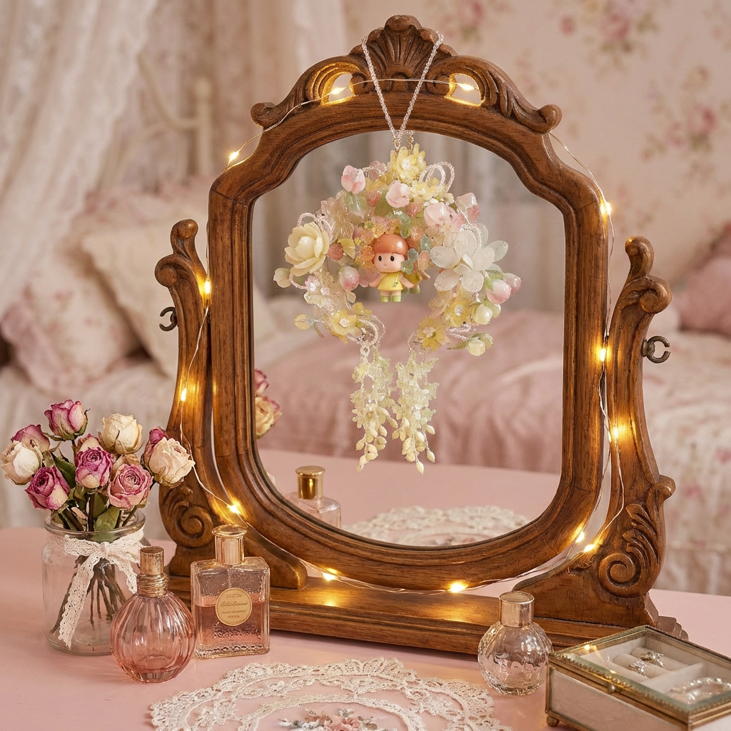 Floral charm on vanity mirror dressing table decor bedroom