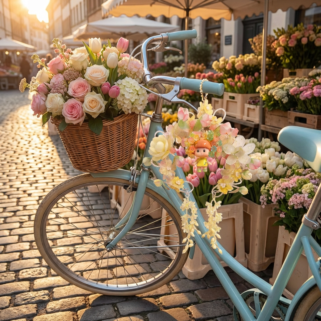 Kawaii floral charm decorating bicycle handlebar