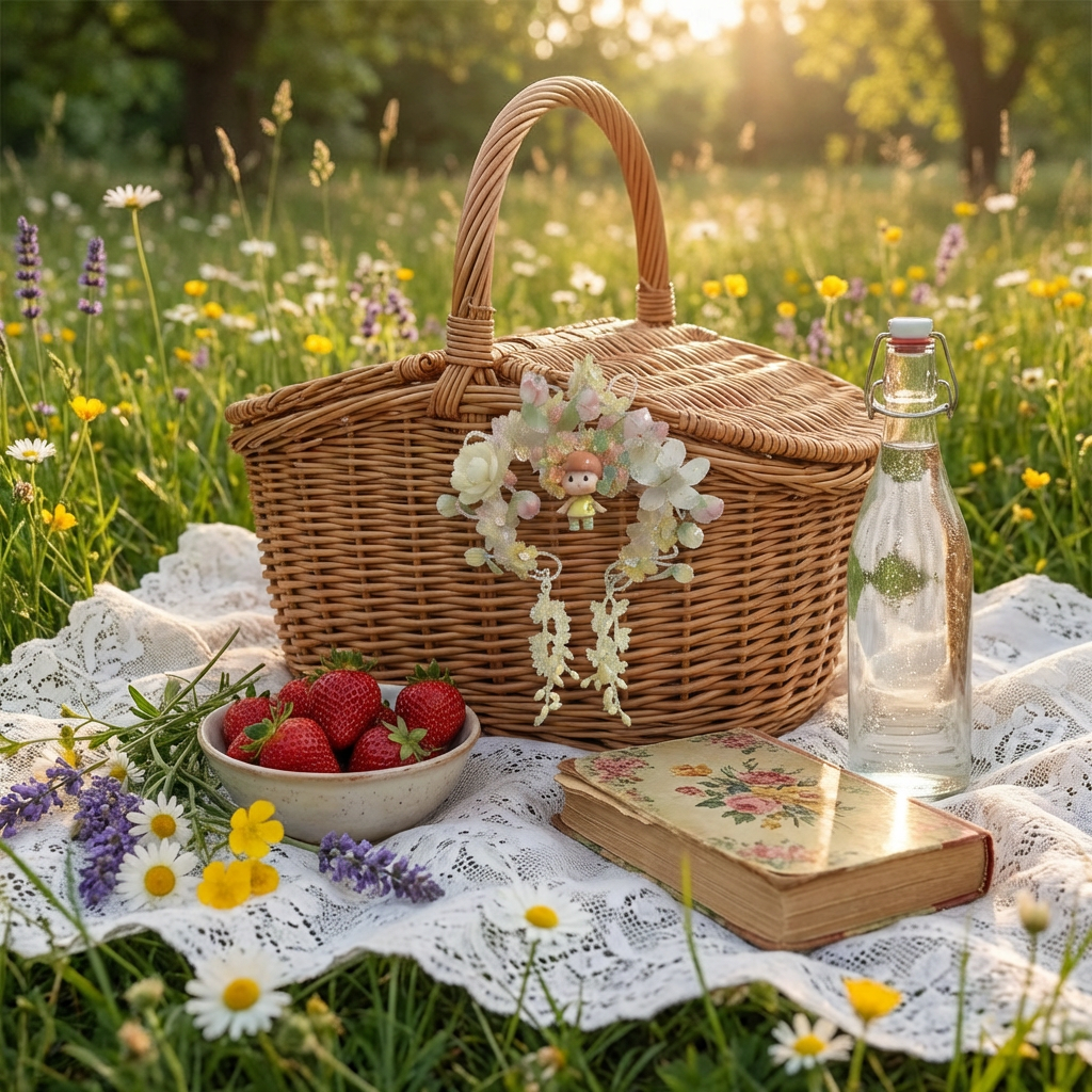 Cottagecore floral charm hanging from wicker picnic basket outdoor