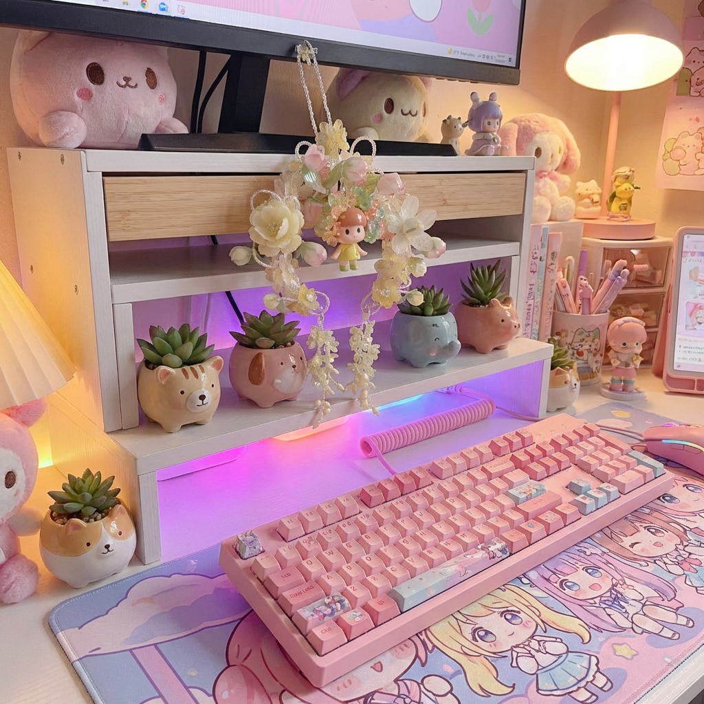 Pastel floral charm on aesthetic desk gaming setup workspace