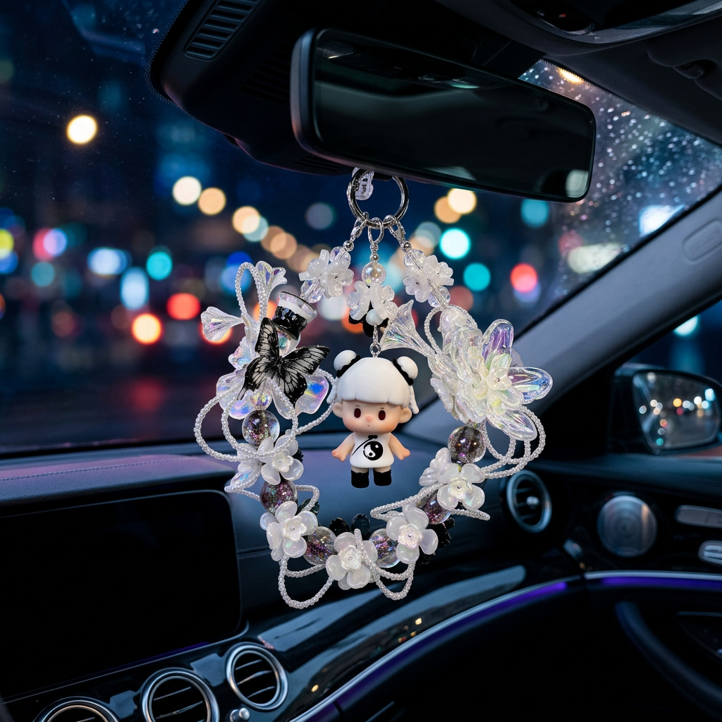 Handmade Black White Floral Wreath Charm | Panda Doll Car Mirror Bag Pendant | Gothic Kawaii Gift