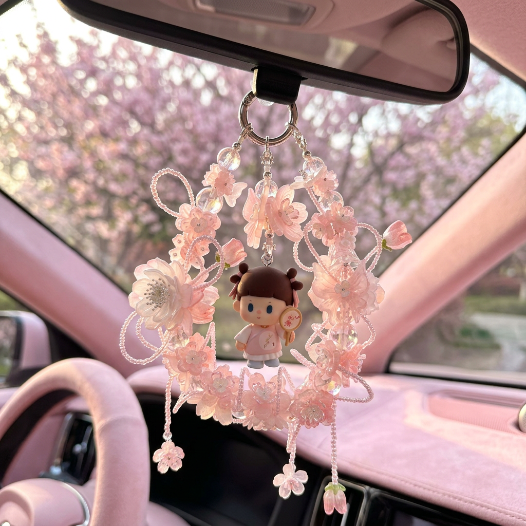 Handmade Soft Pink Floral Wreath Charm | Butterfly Hanfu Doll Car Mirror Bag Pendant | Silver Clasp Cottagecore Gift