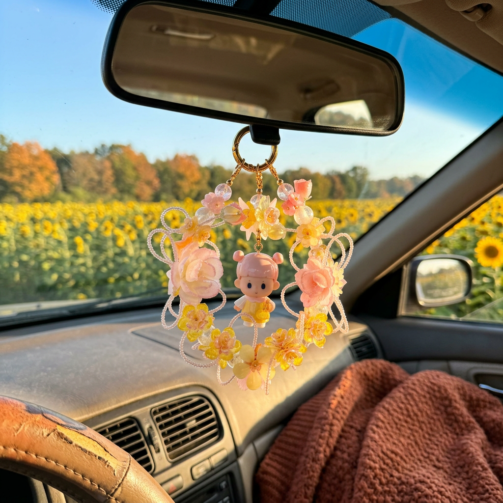 Handmade Yellow Orange Floral Wreath Charm | Kawaii Doll Car Mirror Bag Pendant | Sunny Flower Cottagecore Gift