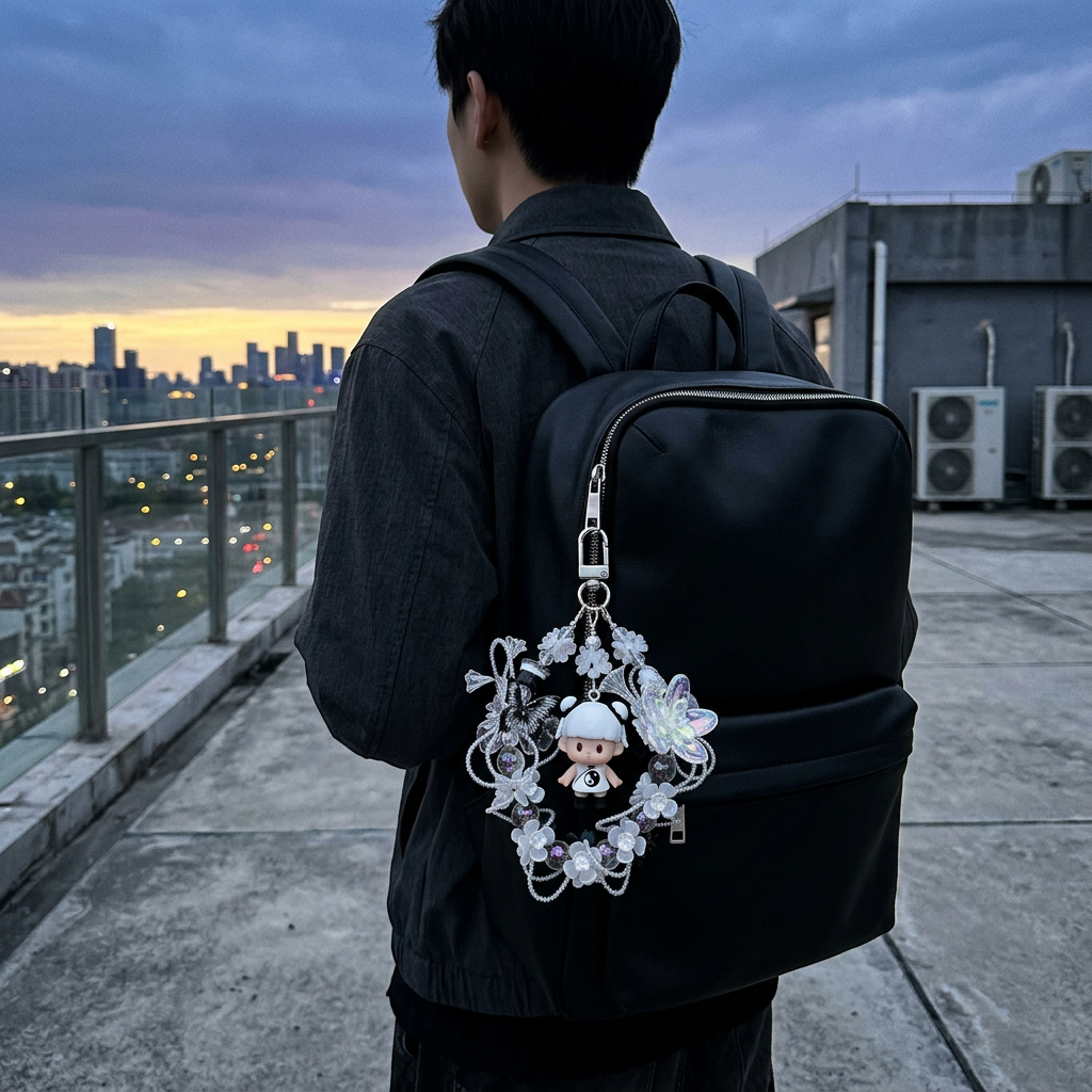 Handmade Black White Floral Wreath Charm | Panda Doll Car Mirror Bag Pendant | Gothic Kawaii Gift