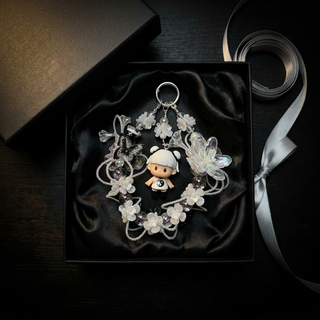 Handmade Black White Floral Wreath Charm | Panda Doll Car Mirror Bag Pendant | Gothic Kawaii Gift