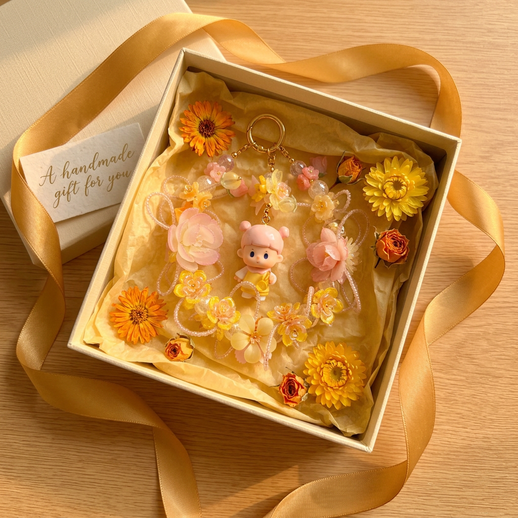 Handmade Yellow Orange Floral Wreath Charm | Kawaii Doll Car Mirror Bag Pendant | Sunny Flower Cottagecore Gift