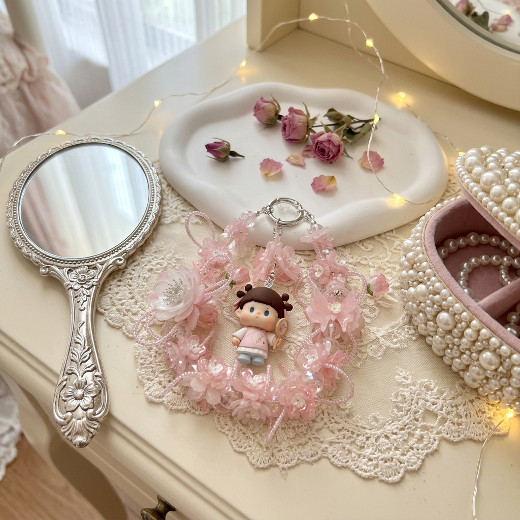 Handmade Soft Pink Floral Wreath Charm | Butterfly Hanfu Doll Car Mirror Bag Pendant | Silver Clasp Cottagecore Gift