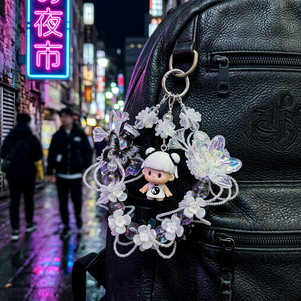 Handmade Black White Floral Wreath Charm | Panda Doll Car Mirror Bag Pendant | Gothic Kawaii Gift