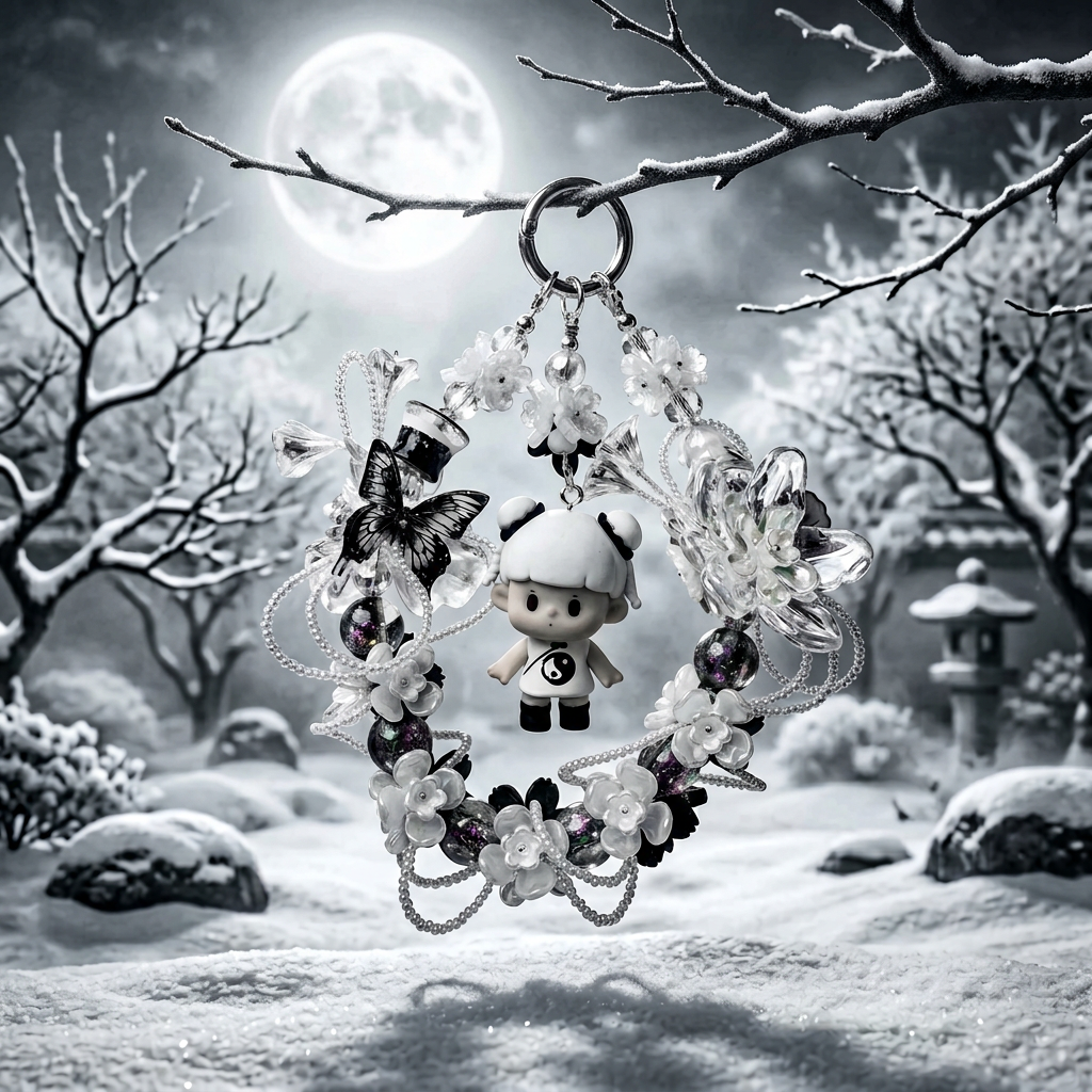 Handmade Black White Floral Wreath Charm | Panda Doll Car Mirror Bag Pendant | Gothic Kawaii Gift