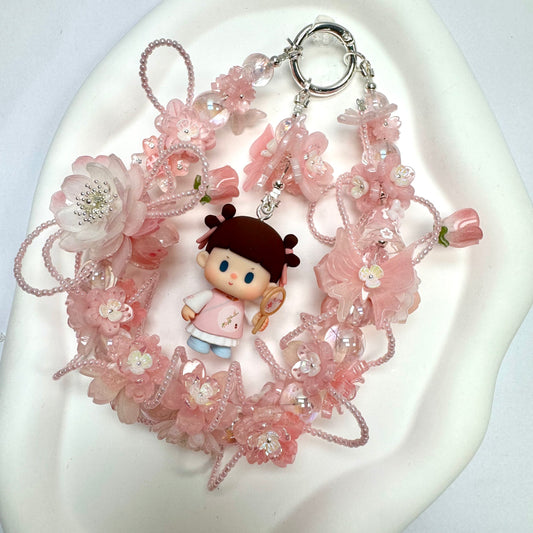 Handmade Soft Pink Floral Wreath Charm | Butterfly Hanfu Doll Car Mirror Bag Pendant | Silver Clasp Cottagecore Gift
