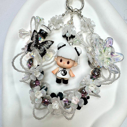 Handmade Black White Floral Wreath Charm | Panda Doll Car Mirror Bag Pendant | Gothic Kawaii Gift