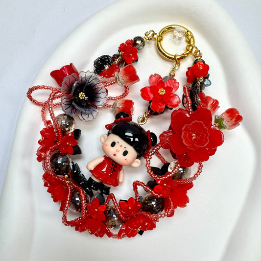 Handmade Red Black Chinese Style Charm | Kawaii Doll Car Mirror Pendant | Traditional Floral Wreath Bag Accessory