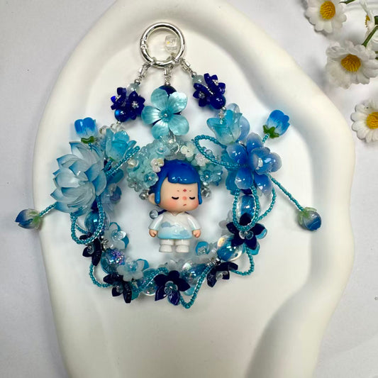 Handmade Blue Floral Wreath Charm | Kawaii Boy Doll Car Mirror Pendant | Ocean Room Decor Gift